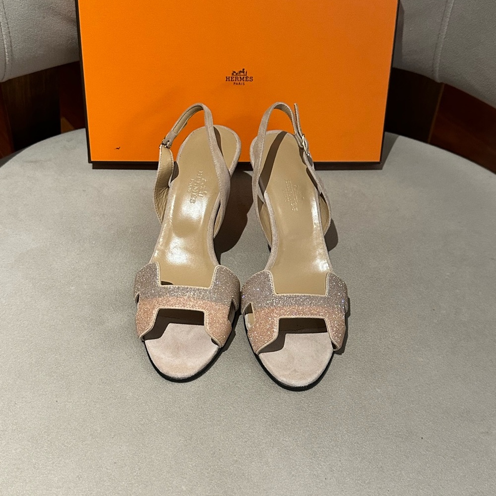 Hermes Night Crystal Beige/Tan Slingback Sandals